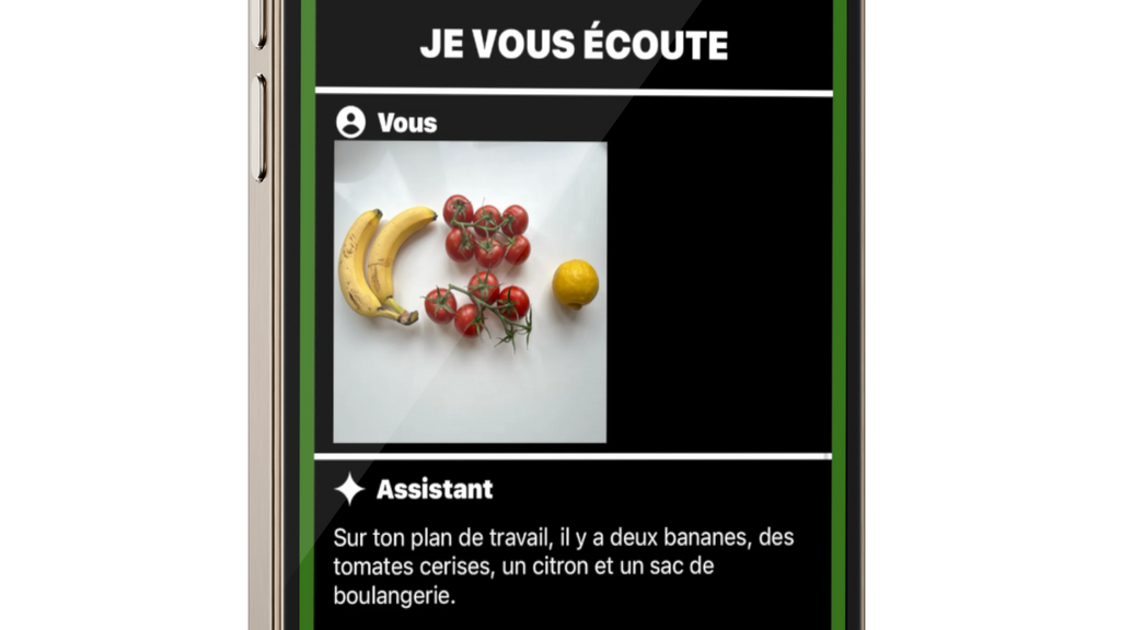 Image montrant l'application Lumyeye qui décrit le plan de travail d'une cuisine avec des fruits et des légumes en les nommant précisément 